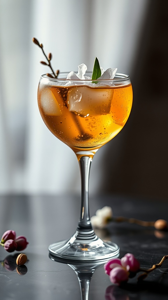 A stylish cocktail with ice and a floral garnish served in an elegant glass.