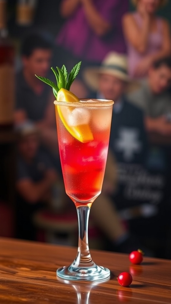 A colorful Pomegranate Margarita served in a tall glass with a slice of lemon and mint leaves.