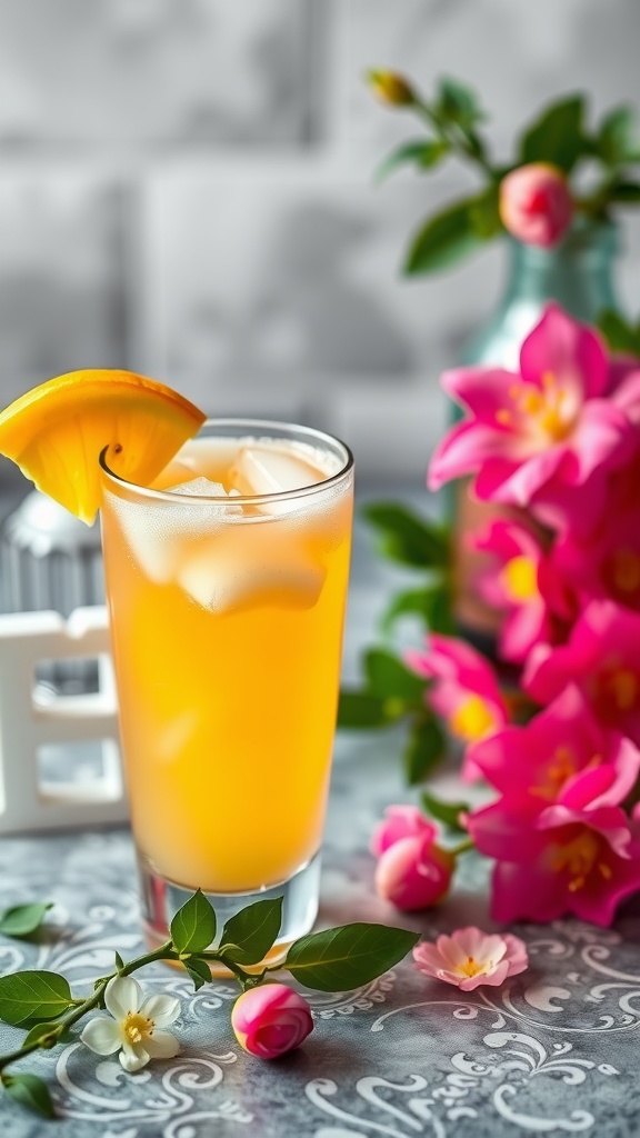 A bright orange cocktail garnished with a slice of orange, surrounded by colorful flowers.
