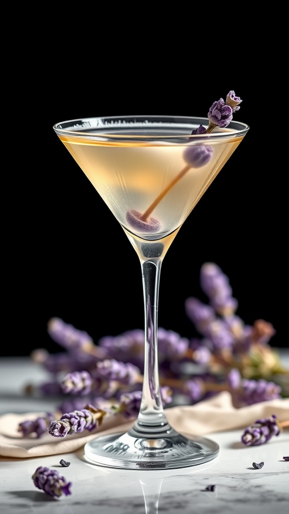 A Lavender Lemon Drop Vodka Martini with a lavender garnish.