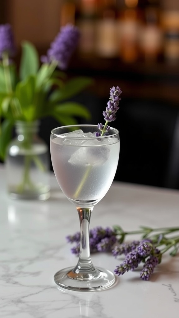 A refreshing Lavender Limoncello Spritz cocktail garnished with a lavender sprig, placed on a marble table.