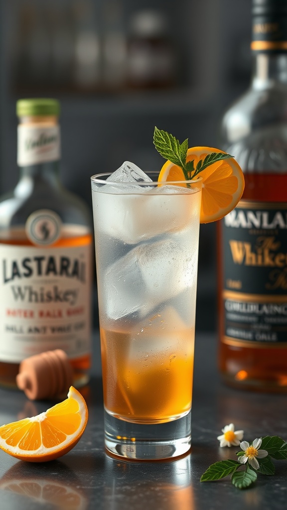 A refreshing Bees Knees cocktail garnished with an orange slice and mint leaves, alongside whiskey bottles and a slice of orange.