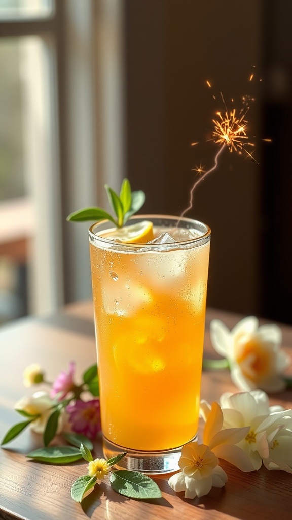 A vibrant Bees Knees cocktail garnished with lemon and flowers, featuring a sparkler.