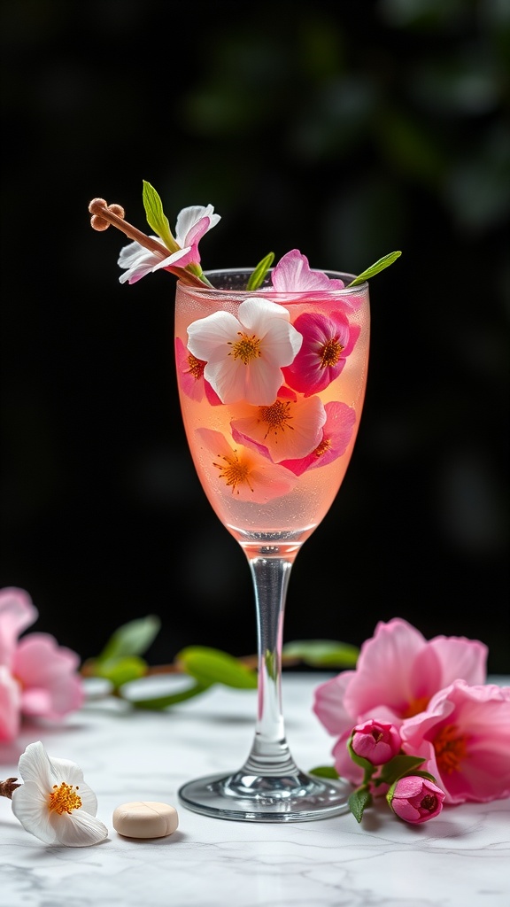 A sparkling Cherry Blossom cocktail garnished with pink and white flowers.