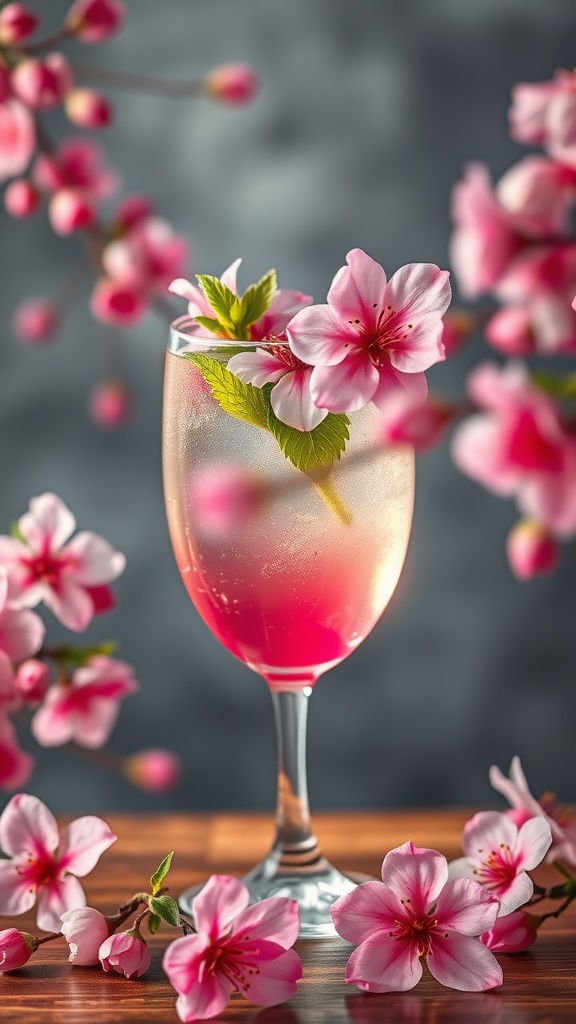A refreshing Cherry Blossom cocktail garnished with pink flowers and mint leaves.