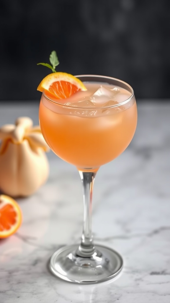 A refreshing peach margarita in a glass with peach slices and mint garnish.