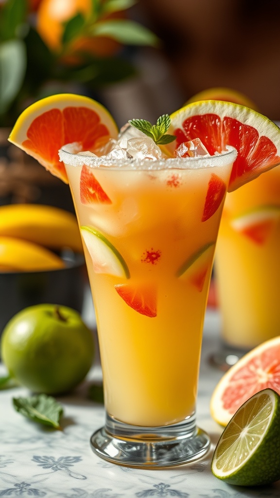 A refreshing peach margarita garnished with fresh fruit.