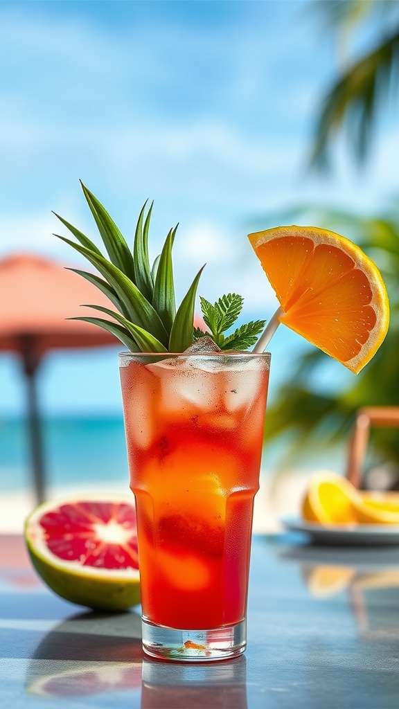 A vibrant guava margarita garnished with a slice of orange and pineapple, set against a beach backdrop.