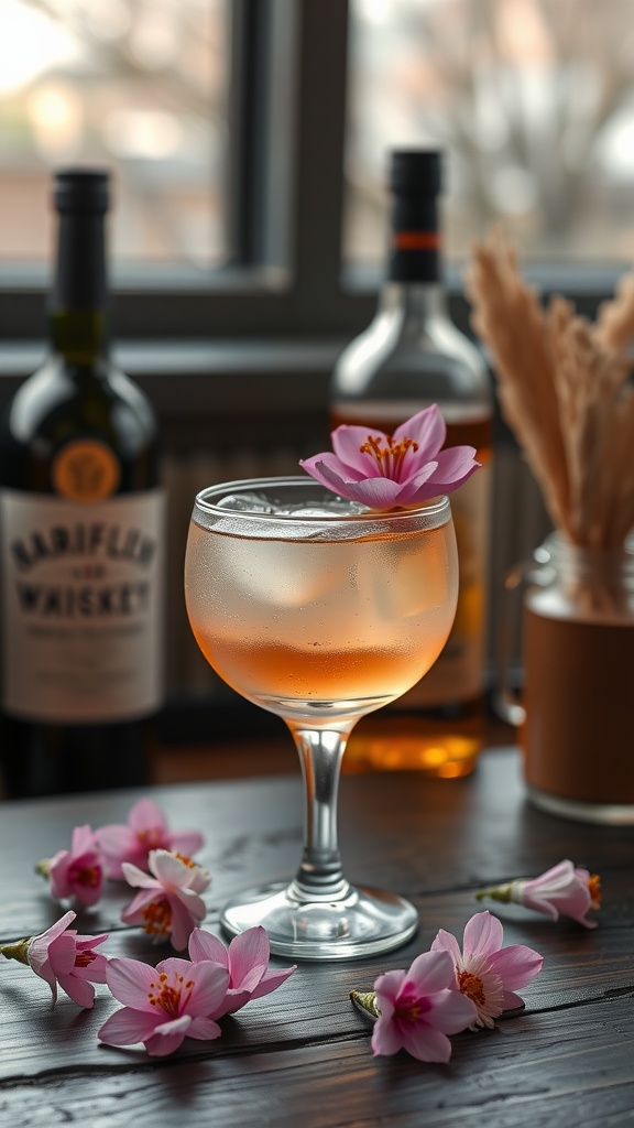 A refreshing hibiscus rose spritz cocktail garnished with a flower, surrounded by pink blossoms and whiskey bottles.