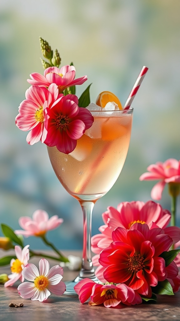 Colorful Hibiscus Rose Spritz cocktail garnished with flowers