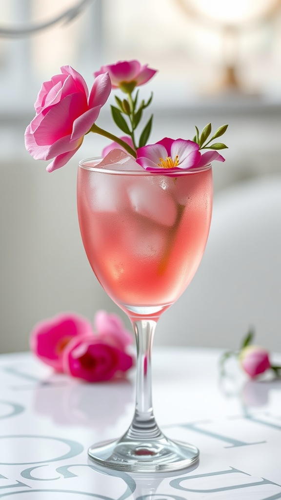 A refreshing Hibiscus Rose Spritz cocktail garnished with pink roses.