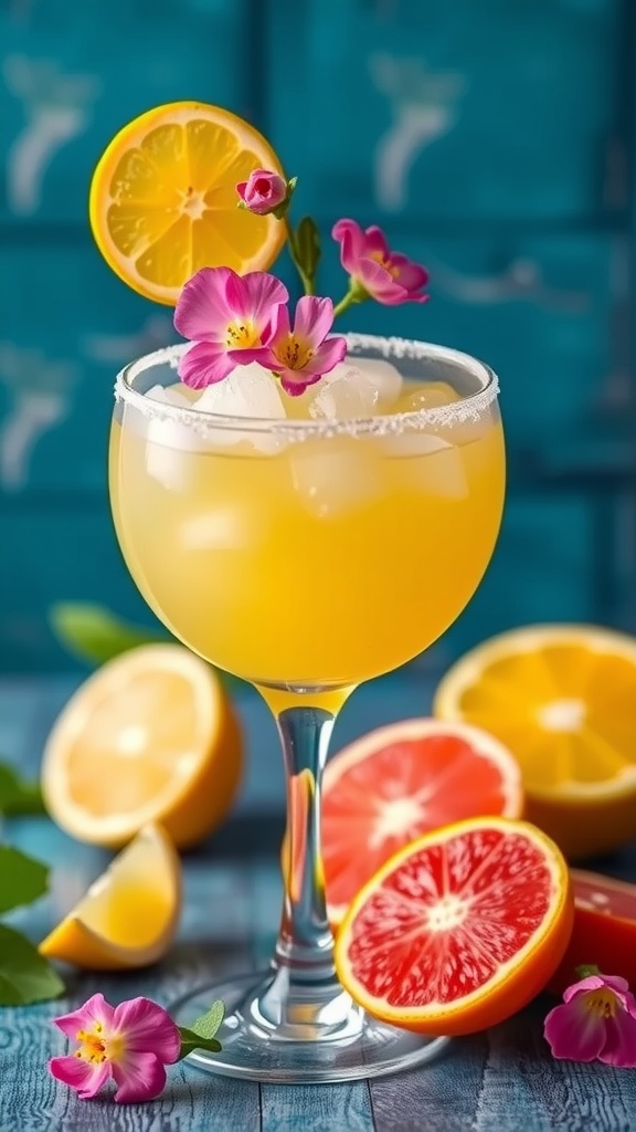 A vibrant Italian Limoncello Margarita garnished with lemon slices and flowers.