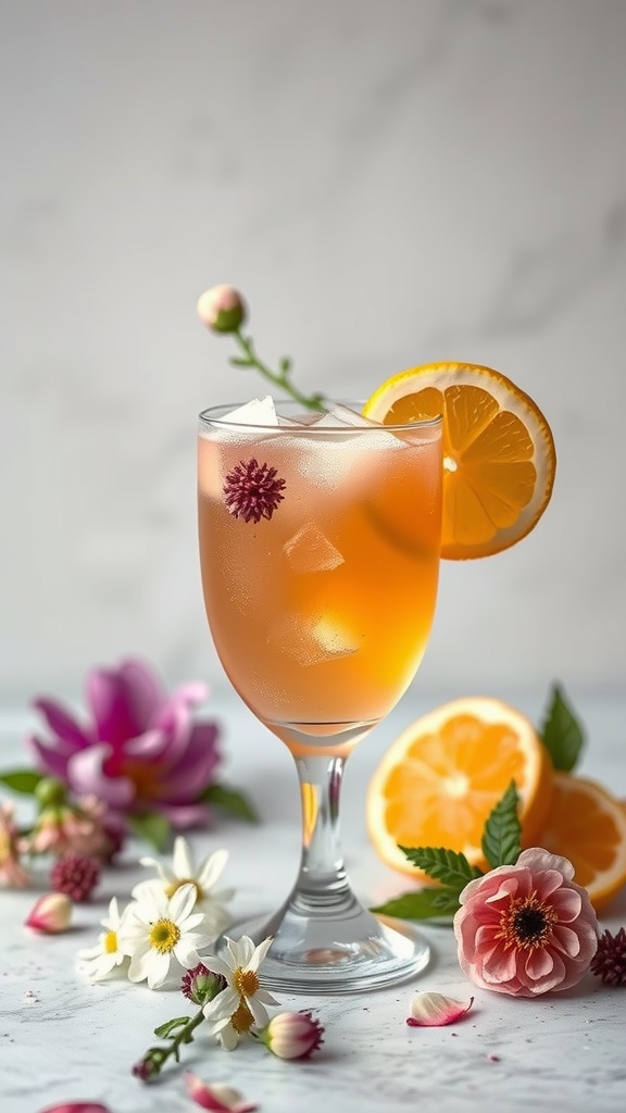 A refreshing lavender lime gin spritz cocktail garnished with a lemon slice and edible flowers.