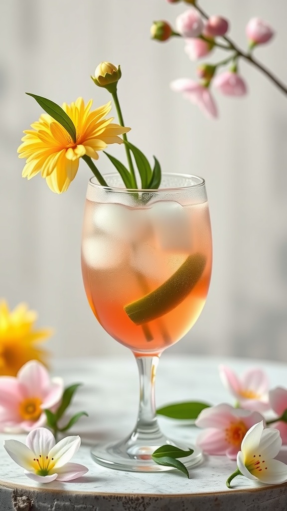 A refreshing cocktail with lavender and lime garnished with flowers