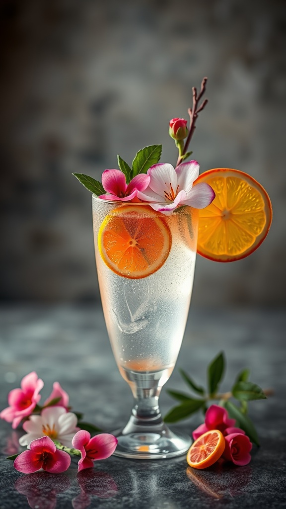 A refreshing Lavender Lime Gin Spritz garnished with orange slices and flowers.