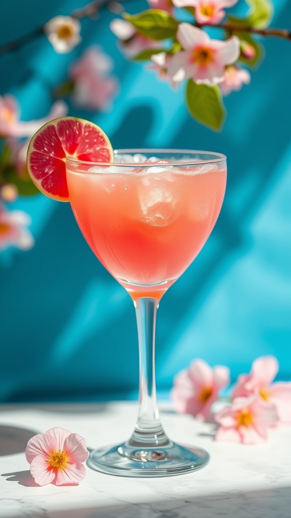 A refreshing Pink Gin Sour cocktail garnished with a slice of grapefruit, surrounded by pink flowers.