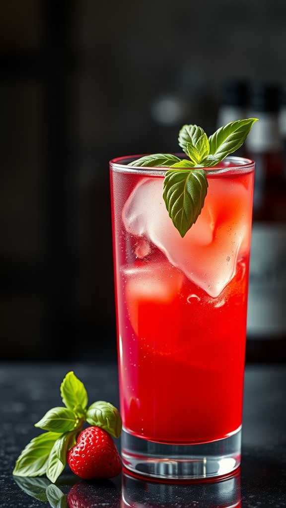 A refreshing Strawberry Basil Margarita in a glass, garnished with fresh basil and ice.