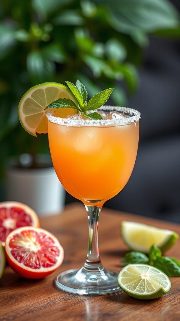 A vibrant strawberry basil margarita garnished with a lime slice and mint leaves.