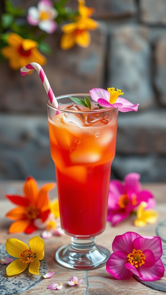 A vibrant cocktail with a straw and flowers surrounding it
