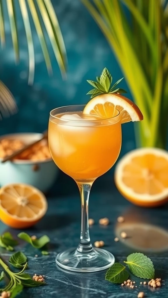 A refreshing Tropical Pink Dragonfruit Pineapple Rum Fizz cocktail garnished with an orange slice and mint, surrounded by tropical fruits.