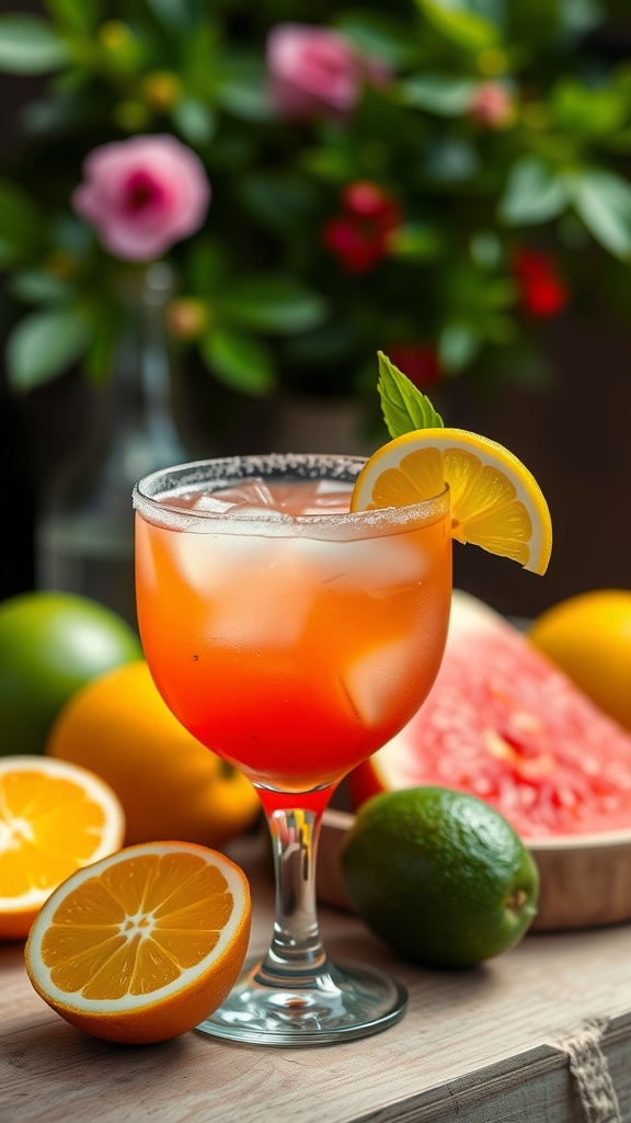 A colorful strawberry margarita in a glass with a slice of lemon and fresh fruits around it.