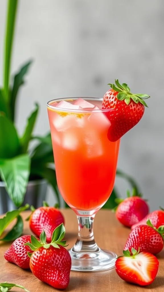 A strawberry margarita in a glass with fresh strawberries around it