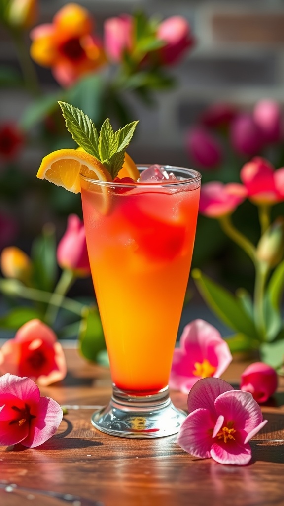 A vibrant zesty spicy margarita garnished with a lemon and mint leaf, surrounded by colorful flowers.