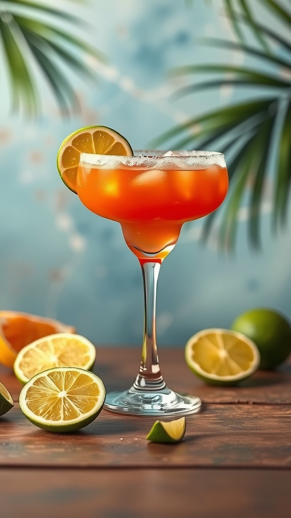 A vibrant spicy margarita garnished with lime slices, surrounded by fresh limes and oranges.