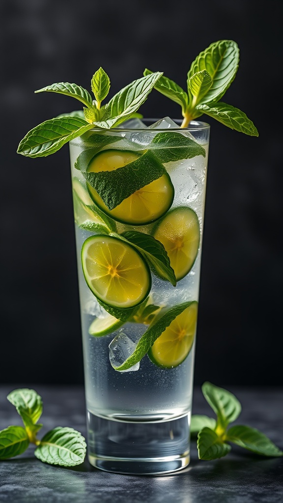 A refreshing Basil Mint Mojito Mocktail with lime slices and mint leaves.