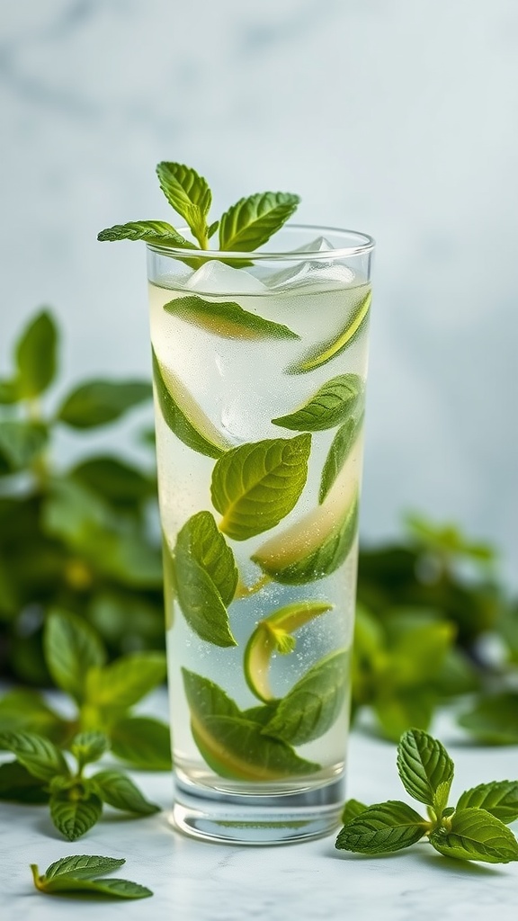 A refreshing basil mint mojito mocktail in a tall glass with ice and mint leaves.