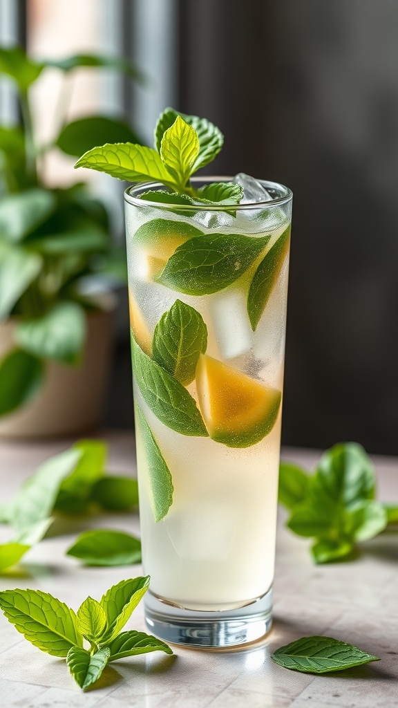 A refreshing Basil Mint Mojito Mocktail in a tall glass with mint leaves and ice.