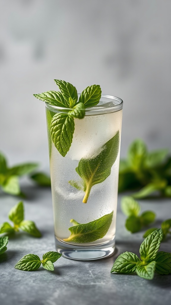 A refreshing Basil Mint Mojito mocktail garnished with fresh basil leaves.
