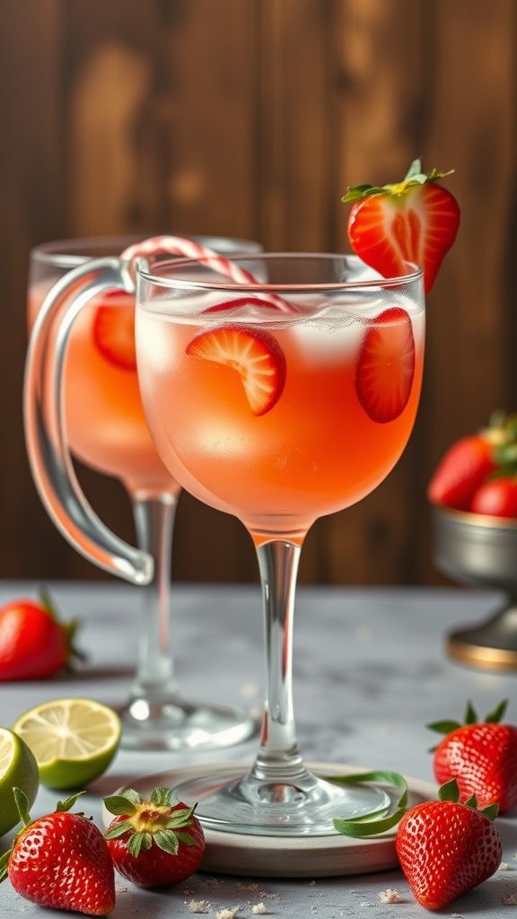 Two glasses of strawberry margarita with fresh strawberries and lime on a table.