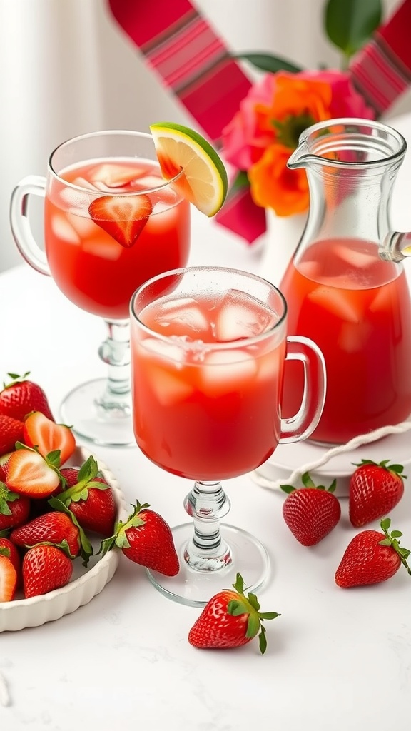 Two glasses of strawberry margarita with a pitcher and fresh strawberries on the side.