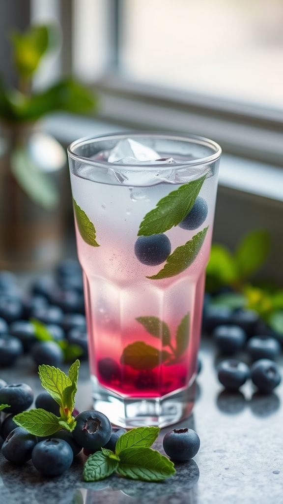 A refreshing Blueberry Mint Mocktail with mint leaves and blueberries, served in a clear glass.