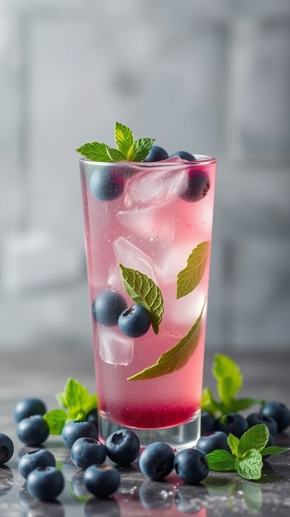 A refreshing Blueberry Mint Mocktail in a tall glass, garnished with mint leaves and blueberries.
