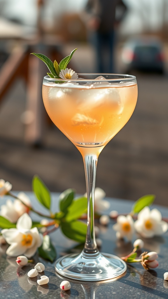 A glass of Chamomile Honey Mocktail garnished with a flower and mint leaves.