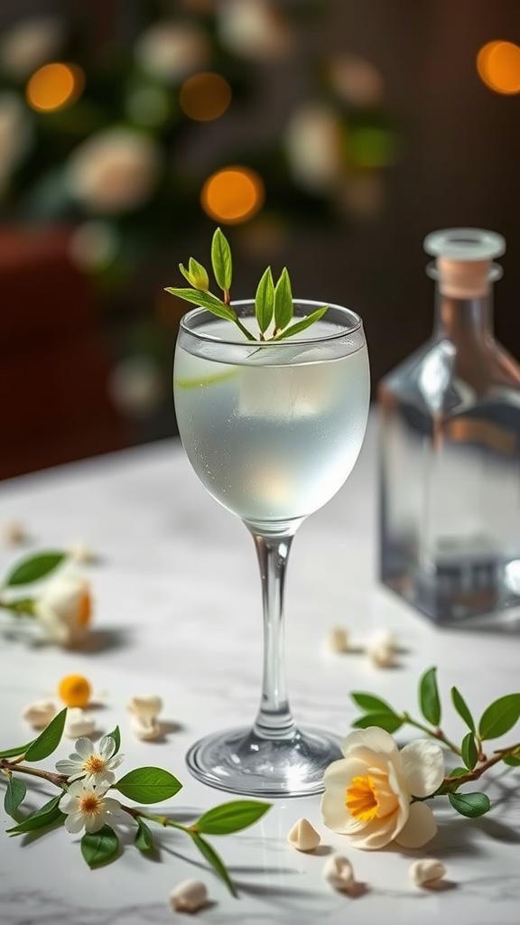 A refreshing chamomile honey mocktail garnished with leaves, surrounded by flowers