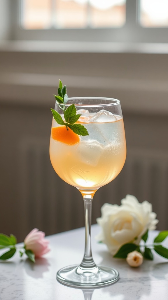 A refreshing Chamomile Honey Mocktail served in a glass with flowers in the background.