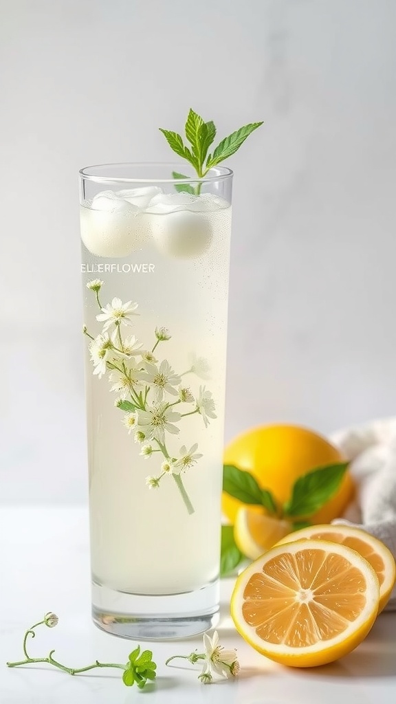 A refreshing elderflower lemonade mocktail in a tall glass with ice, garnished with mint leaves and surrounded by lemon slices.