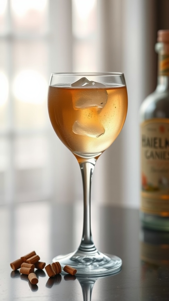 A Charming French Blonde cocktail in a glass with ice, next to a bottle and some small brown items.