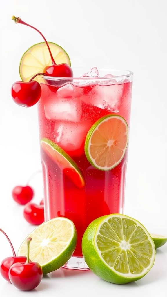 A refreshing Cherry Limeade Mocktail in a glass with ice, cherries, and lime slices.