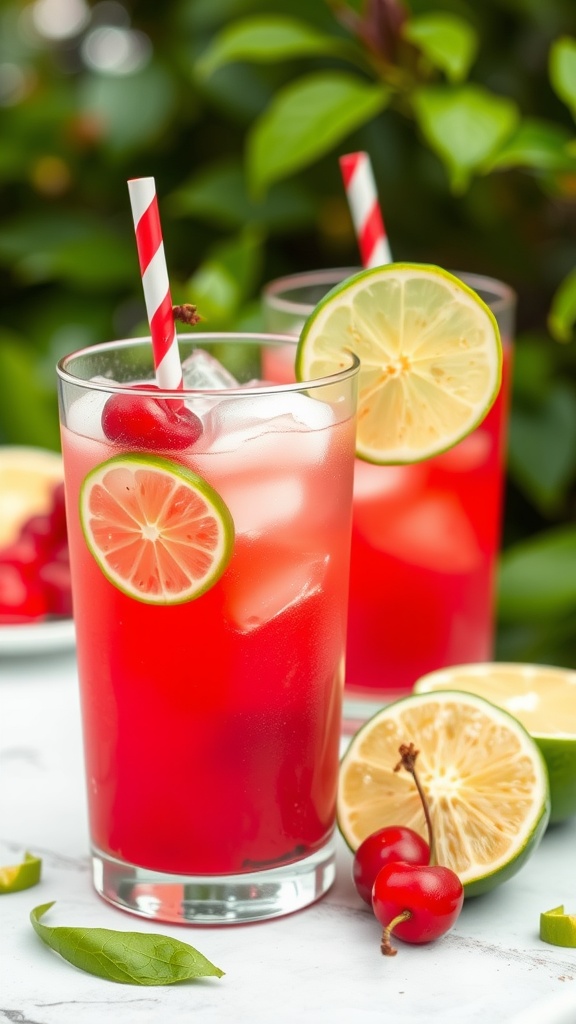 A refreshing Cherry Limeade Mocktail with cherries and lime slices.