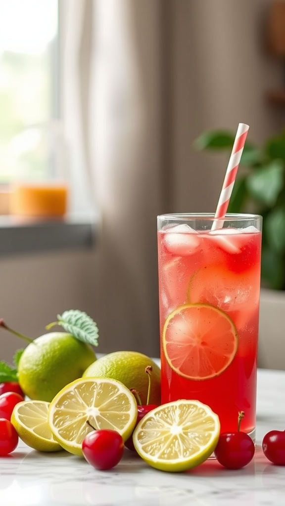 A vibrant cherry limeade mocktail with ice and fresh fruits.