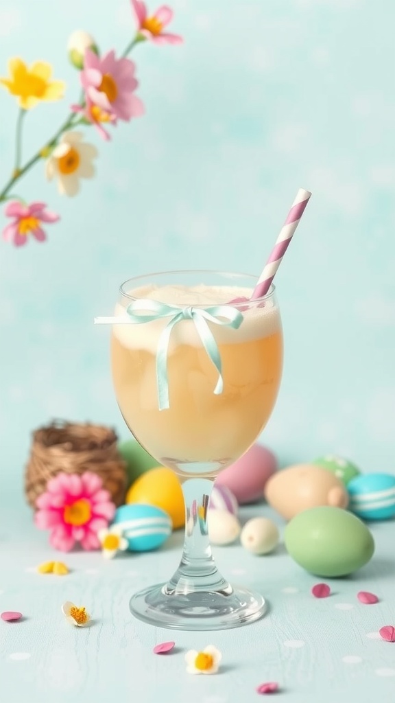 A colorful Easter cocktail garnished with flowers and surrounded by festive decorations.