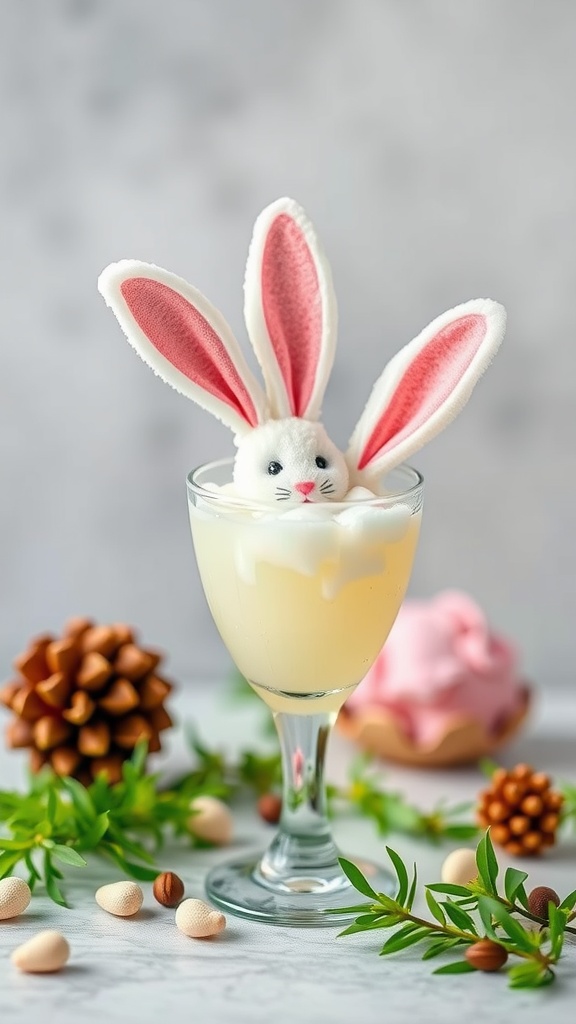 A cute cocktail featuring a bunny decoration on top, surrounded by spring-themed decor.