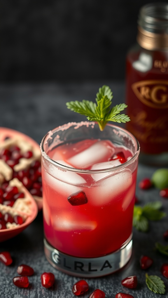 A vibrant Pomegranate Margarita cocktail with ice, garnished with mint, surrounded by pomegranate seeds.