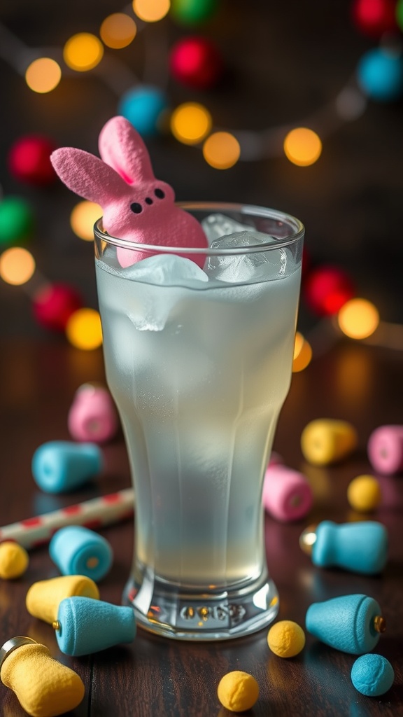 A festive Peeptini cocktail with a pink marshmallow bunny on top.