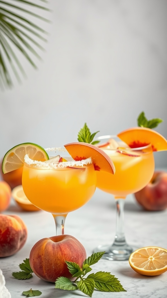 Two fresh peach margaritas garnished with peach slices and mint, surrounded by fresh peaches and lemons.