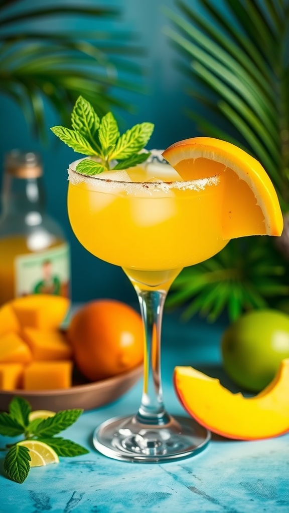 Two frozen mango margaritas garnished with mint and fruit slices.